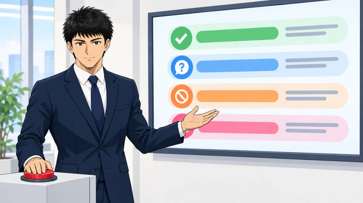 株式会社SAIのキャラクターが、AIエージェントの操作画面の横で停止ボタンに手を置いて説明しているイラスト