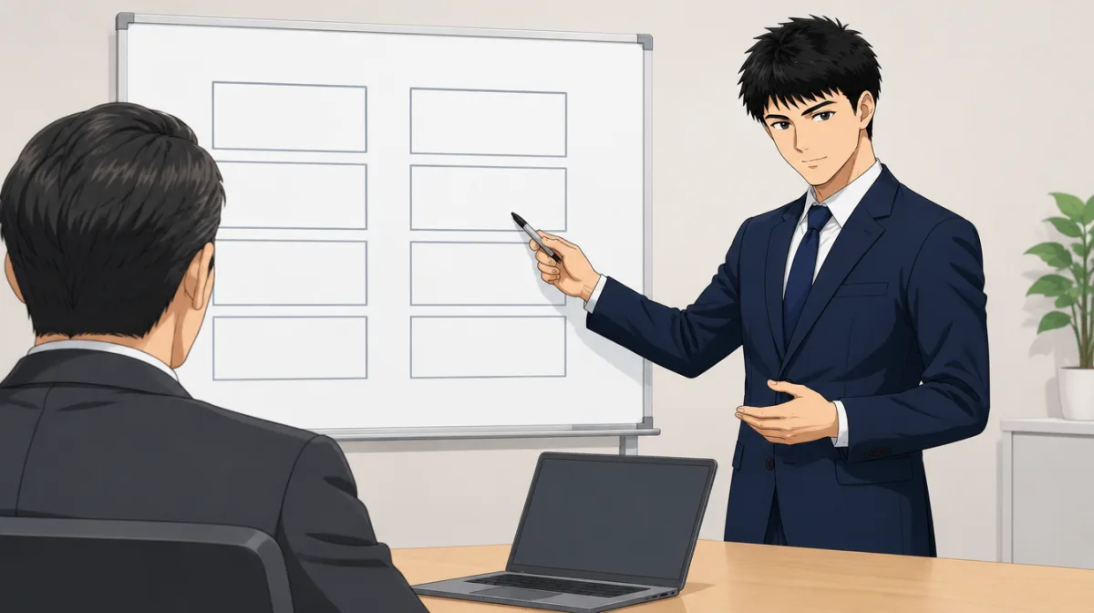 株式会社SAIのキャラクターが、情シスの箱が無い組織図を前にして、経営者の箱に止める人の札を掛け、外部の箱と現場の箱を線で結んでいるイラスト