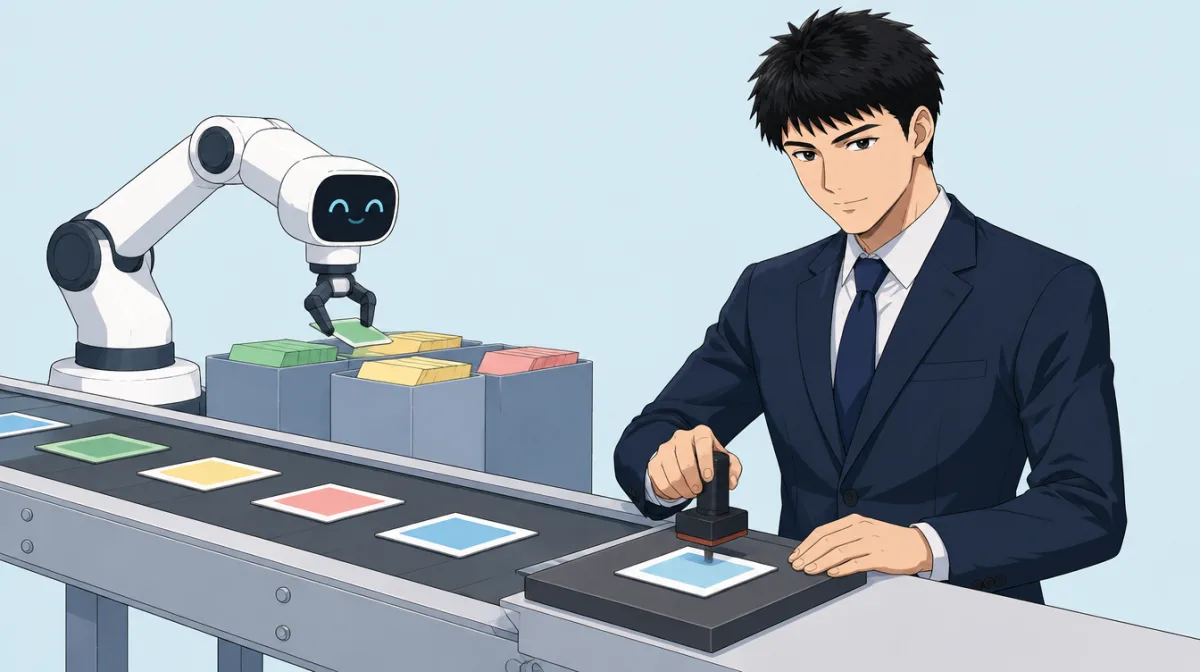 株式会社SAIのキャラクターが、朝の準備・順位監視・動画制作の3つの運用を並べた画面の前で、人が確認する箇所を指しているイラスト