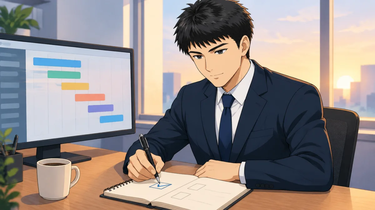 株式会社SAIのキャラクターが、朝の机でモニターに並んだ実行の記録を見ながら、手帳の確認欄に印を付けているイラスト