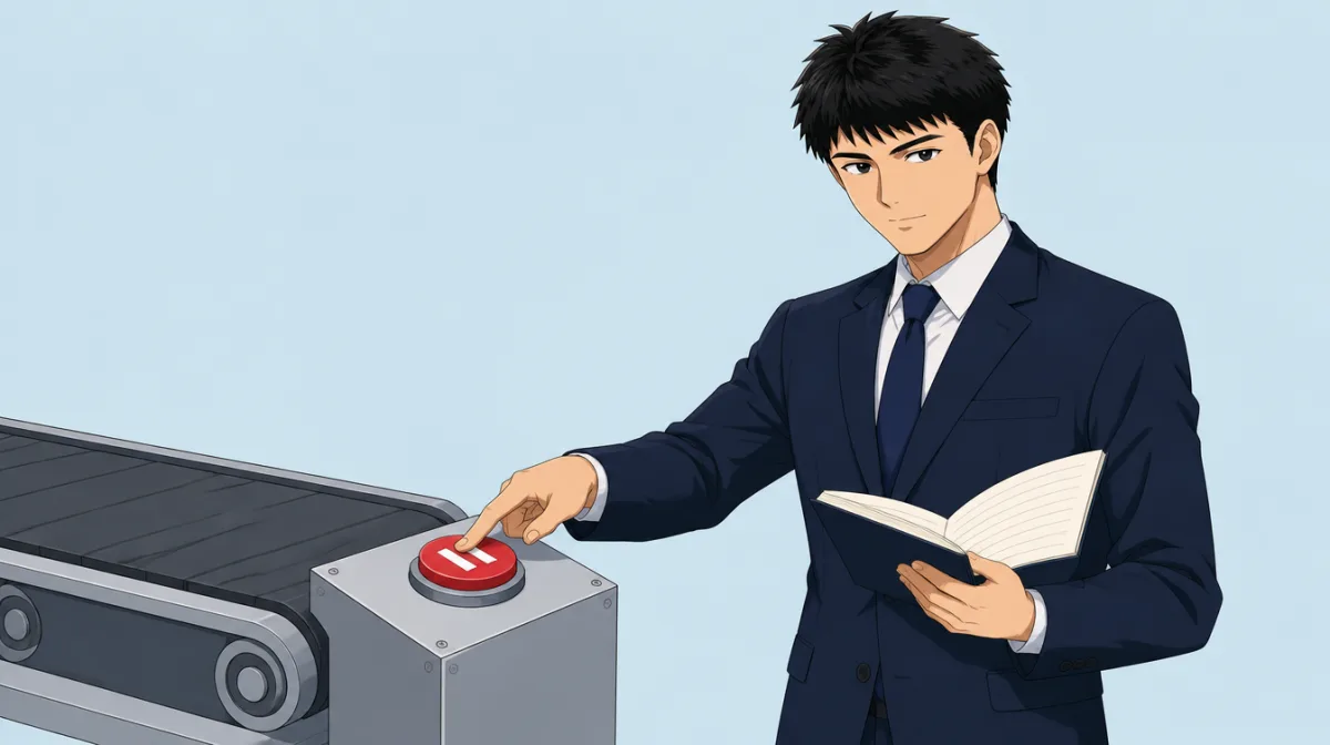 株式会社SAIのキャラクターが、止めた判断と残した作業を分けた3枚の札を机に並べ、公開の直前に置いた確認の札を指しているイラスト