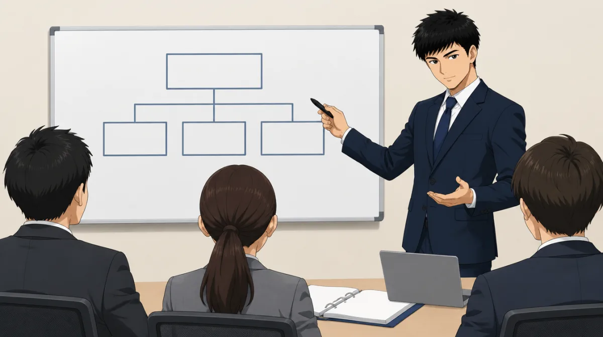 株式会社SAIのキャラクターが、机に置いた業務文書の実物を1枚指差し、隣に名前と日付を消したダミーの文書を並べて見せているイラスト