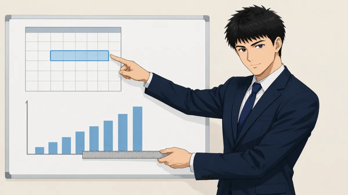 株式会社SAIのキャラクターが、指標・母数・窓・判定日の4つの欄がある設計シートを机に広げ、母数の欄を指差して確認しているイラスト