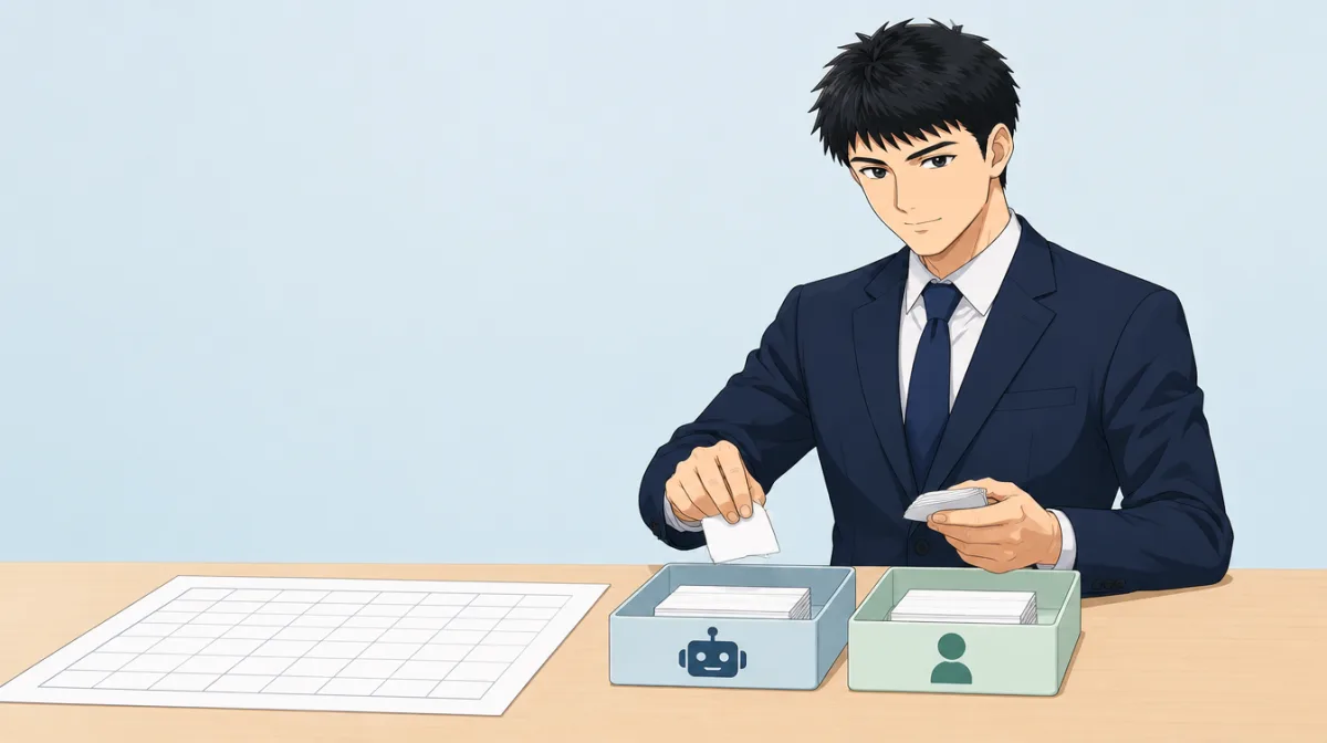 株式会社SAIのキャラクターが、作業名から判定までの列が並んだ棚卸し表を机に広げ、繰り返しの列に「不定期」とだけ書かれた欄を指しているイラスト