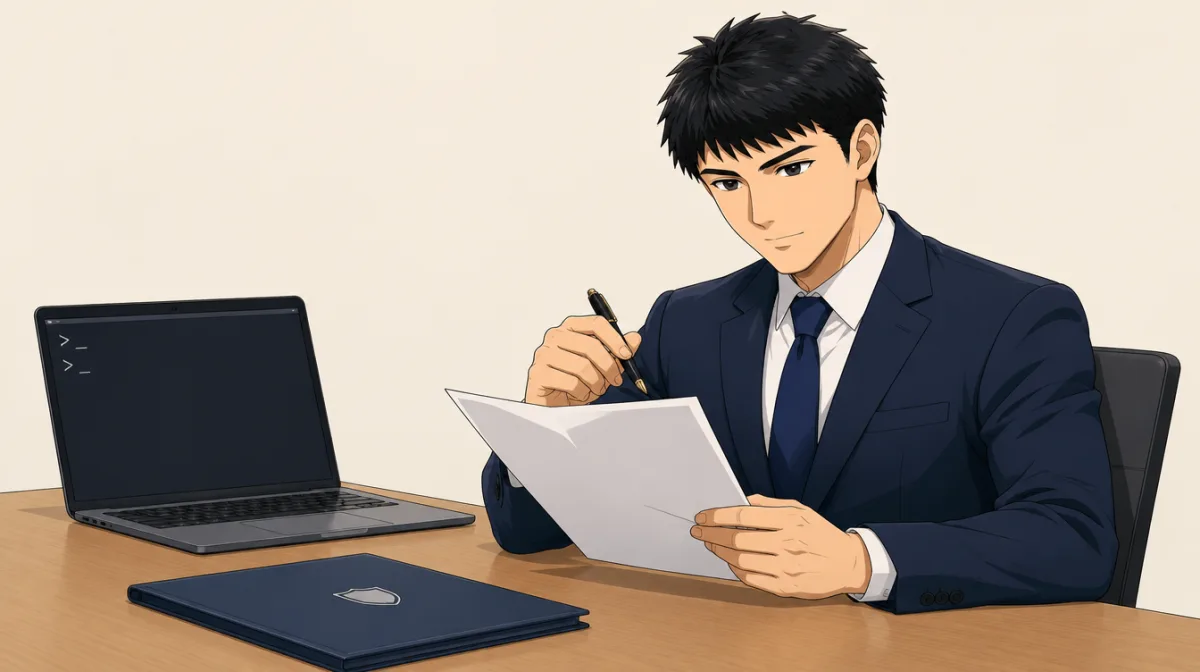 株式会社SAIのキャラクターが、契約の種類の3枠とデータの扱いの3点を並べた判断の記録を机に広げ、確認日の欄に日付を書き込んでいるイラスト