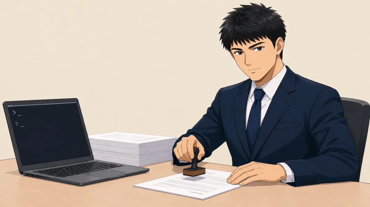 株式会社SAIのキャラクターが、任せた作業と人に残した判断を2列に並べた表の前で、人に残した側の4か所を指しているイラスト