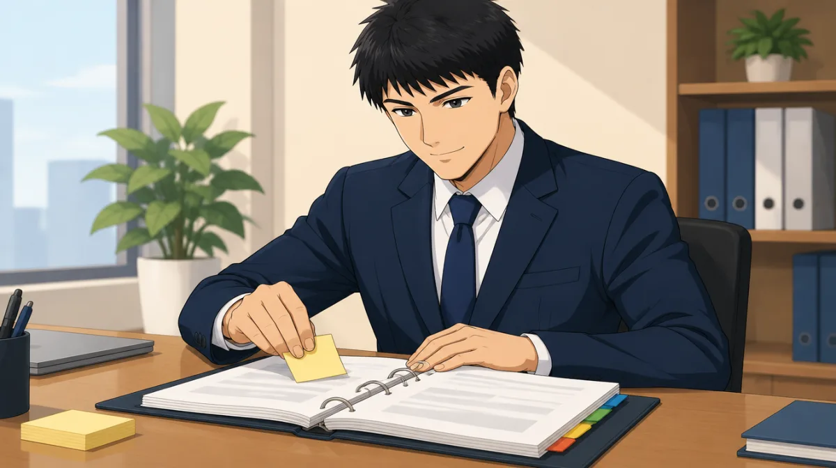 株式会社SAIのキャラクターが、色つきの見出しが付いたバインダーの手順書を机に開き、書き足す箇所に黄色の付箋を貼っているイラスト