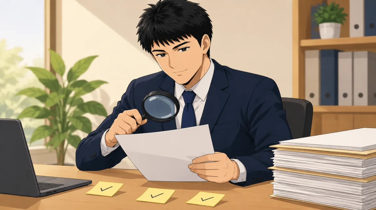 株式会社SAIのキャラクターが、虫眼鏡で紙の資料を一行ずつ読み、机の上にチェック印の付箋を並べているイラスト