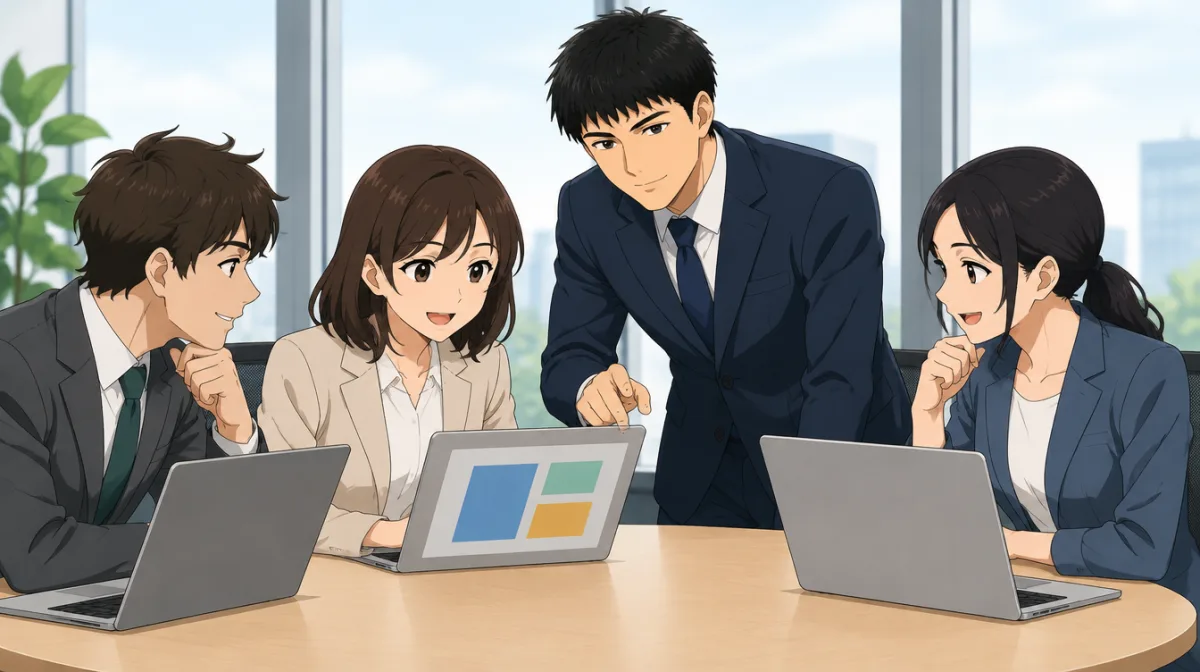 株式会社SAIのキャラクターが、丸いテーブルを囲む3人の同僚のうち1人のノートパソコンの画面を指さし、ほかの2人がそれをのぞき込んでいるイラスト