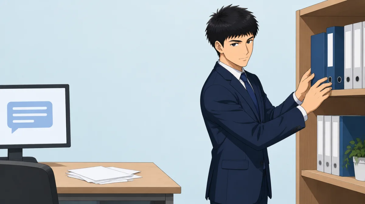 株式会社SAIのキャラクターが、書類棚の前で正本の文書を1冊指差し、更新の担当を示す札を掛けているイラスト