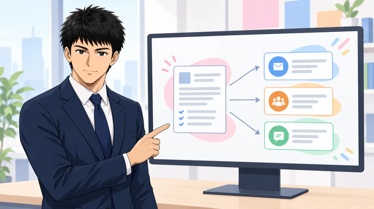 株式会社SAIのキャラクターが、求人票の下書きと配信先の一覧を映したモニターを指しながら説明するイラスト
