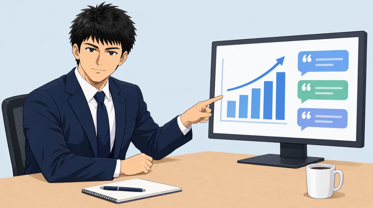 モニターの引用回数のグラフを指す株式会社SAIのキャラクターのイラスト。測定の画面を先に作ってから記事に手を入れる進め方を表す