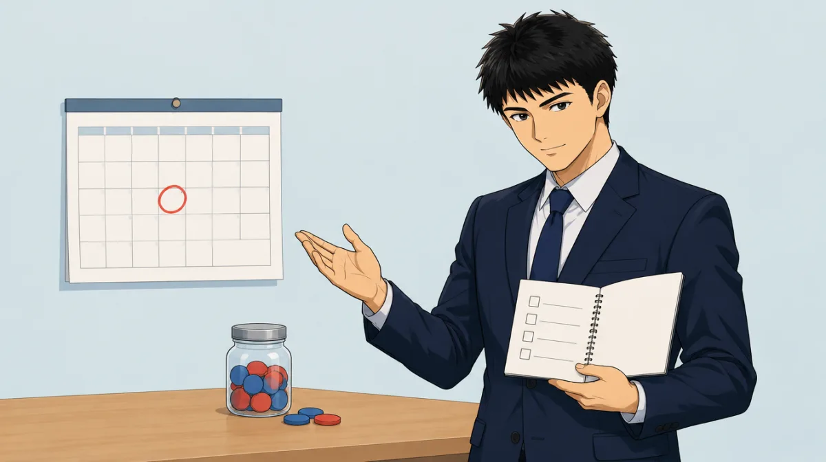 株式会社SAIのキャラクターが、判定日に赤い丸を付けた壁のカレンダーを手で示しながら期限・母数・判定日・次の仮説の有無の4つの確認欄を書いたノートを開いて持ち、机の上には顧客の反応を数える赤と青の駒を入れた瓶が置かれているイラスト