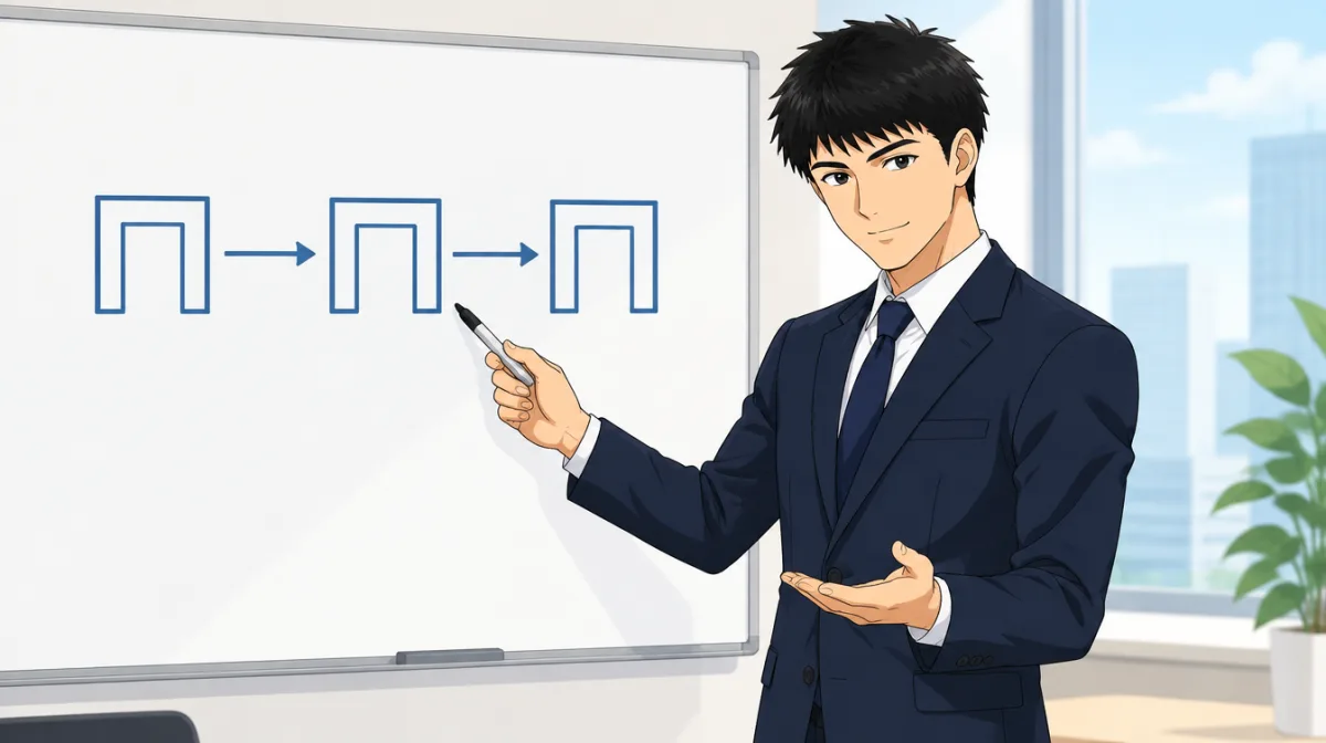 株式会社SAIのキャラクターが、ホワイトボードに描いた3つの門を矢印でつないだ図をペンで指しながら、もう一方の手を差し出して説明しているイラスト