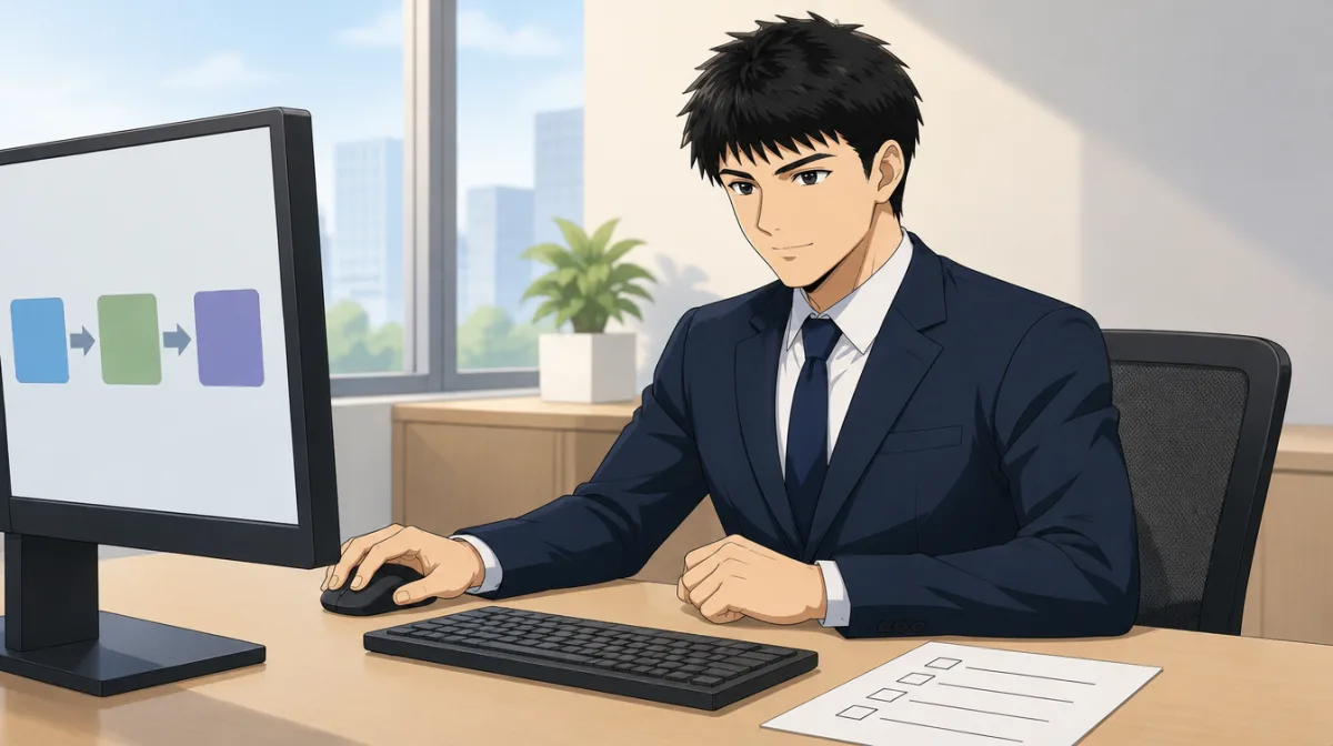 株式会社SAIのキャラクターが、箱を矢印でつないだ流れ図を画面に出し、机に置いた点検表と見比べながら確かめているイラスト