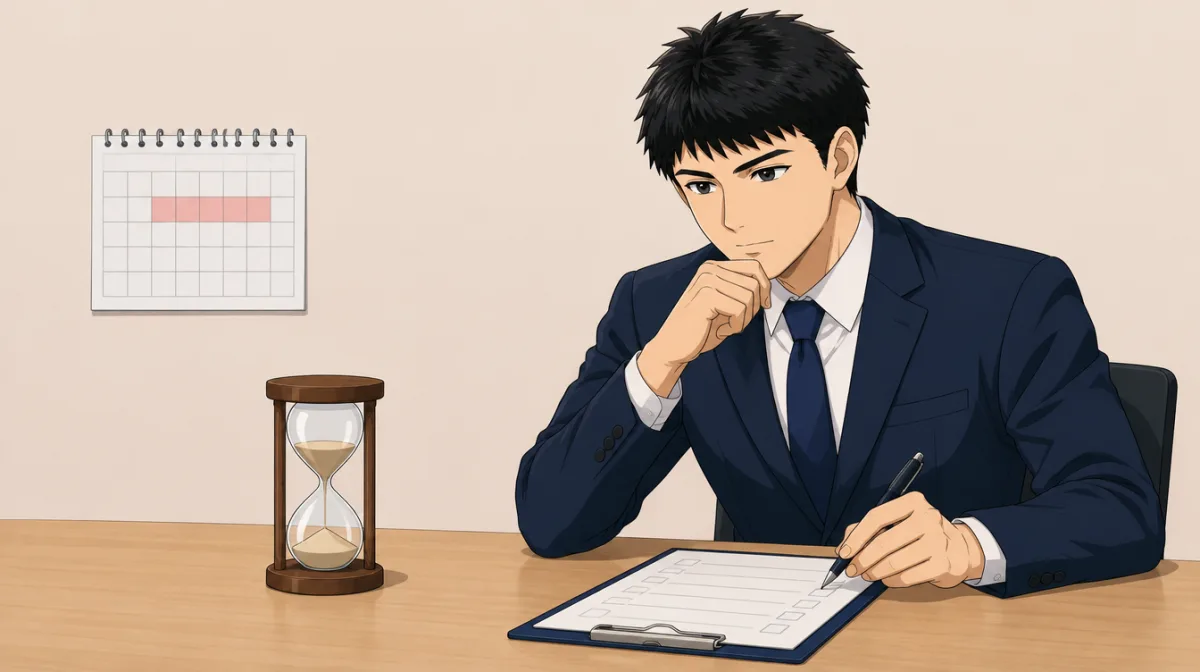 株式会社SAIのキャラクターが、目的から本番条件までの5つの枠があるPoC設計シートを壁に貼り、判定日の枠にカレンダーの日付を書き込んでいるイラスト