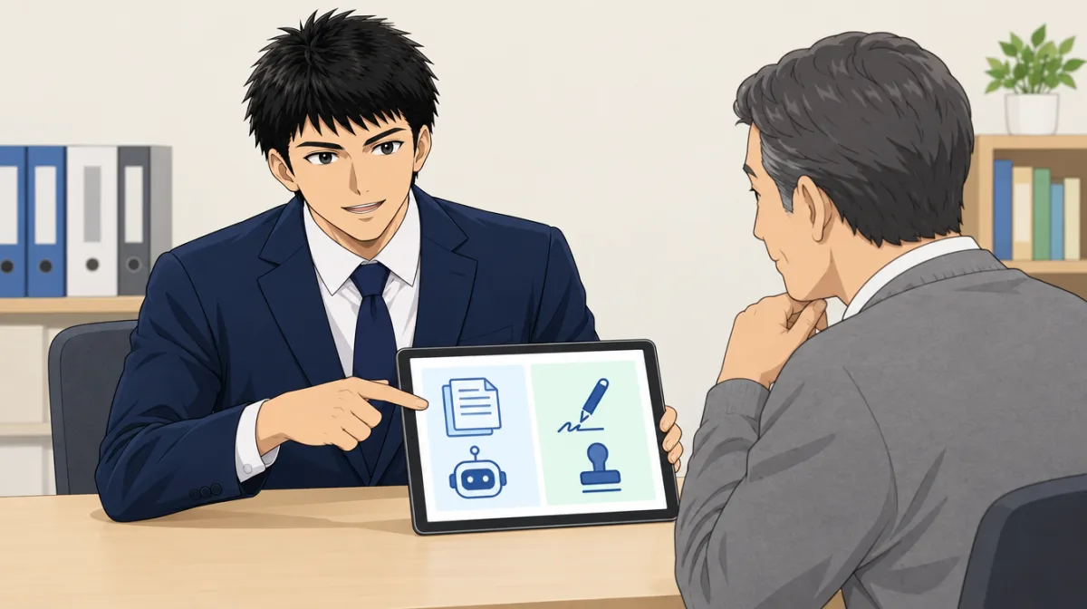 タブレットの左半分に書類とAIのアイコン、右半分に署名と印鑑のアイコンを示しながら、事務所の所長に説明する株式会社SAIのキャラクターのイラスト。AIに任せる工程と資格者が確認する工程を分けて話す場面