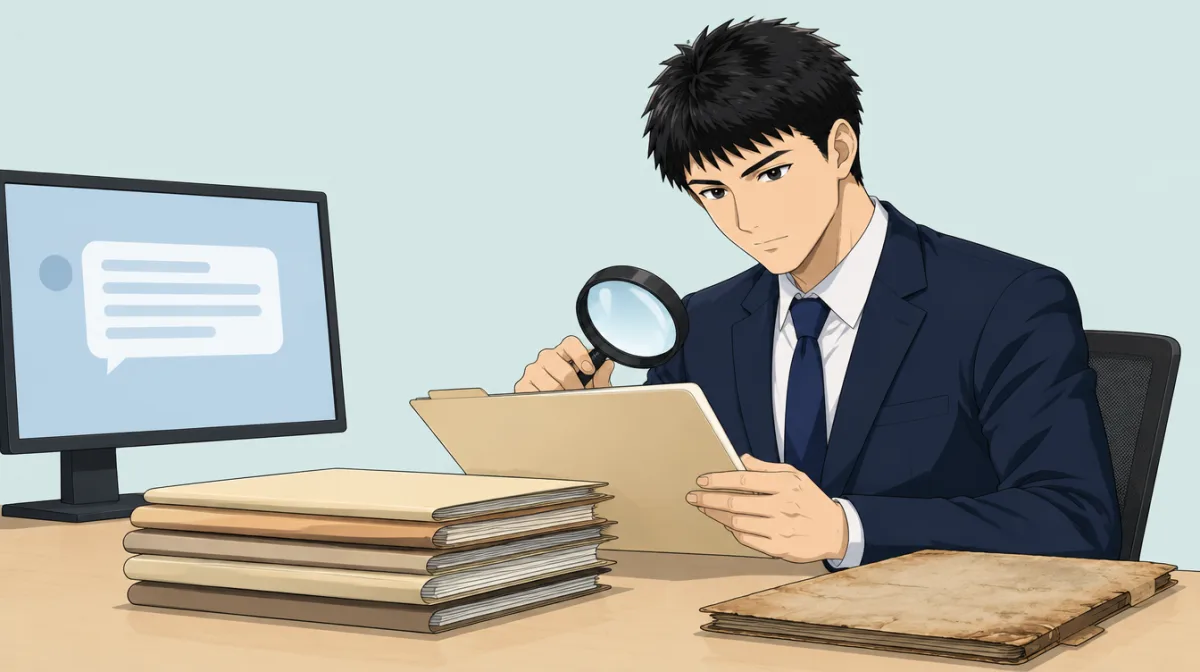 株式会社SAIのキャラクターが、導入事例の資料を机に並べ、文書の準備・権限・更新・評価の4つの欄がある表に付箋を貼り分けているイラスト