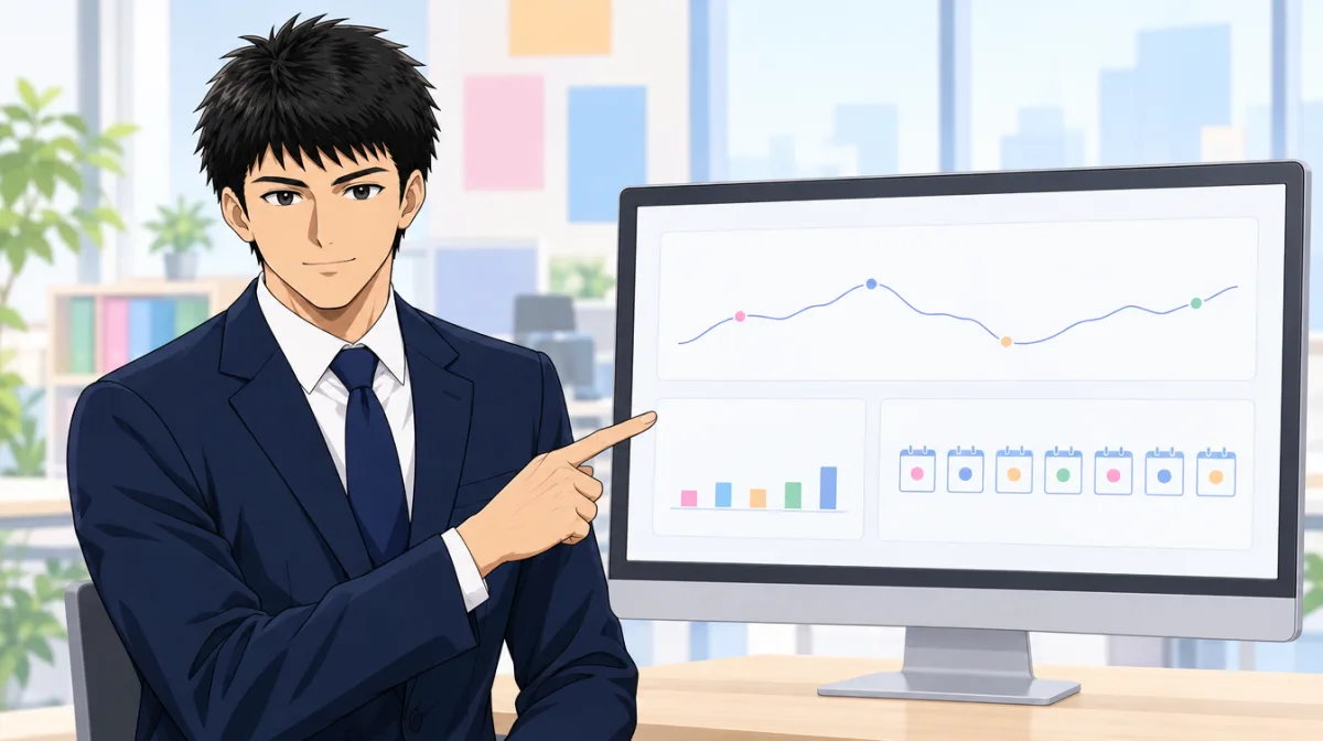 株式会社SAIのキャラクターが、順位のグラフが映ったモニターの前で表示回数の少なさを指差して説明しているイラスト