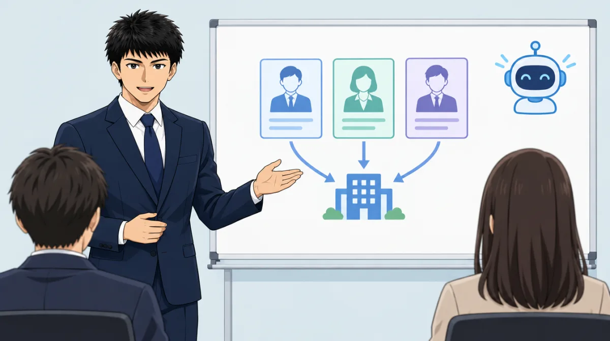 ホワイトボードに候補者カードと求人企業の図を描いて説明する株式会社SAIのキャラクターのイラスト。人が握り続ける工程を先に決める打ち合わせの場面