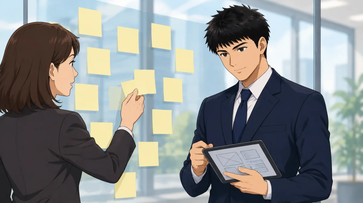 株式会社SAIのキャラクターが、画面の枠だけを描いたタブレットを持ち、付箋の並んだガラスの壁に発注側の担当者が付箋を貼るのを横で聞いているイラスト