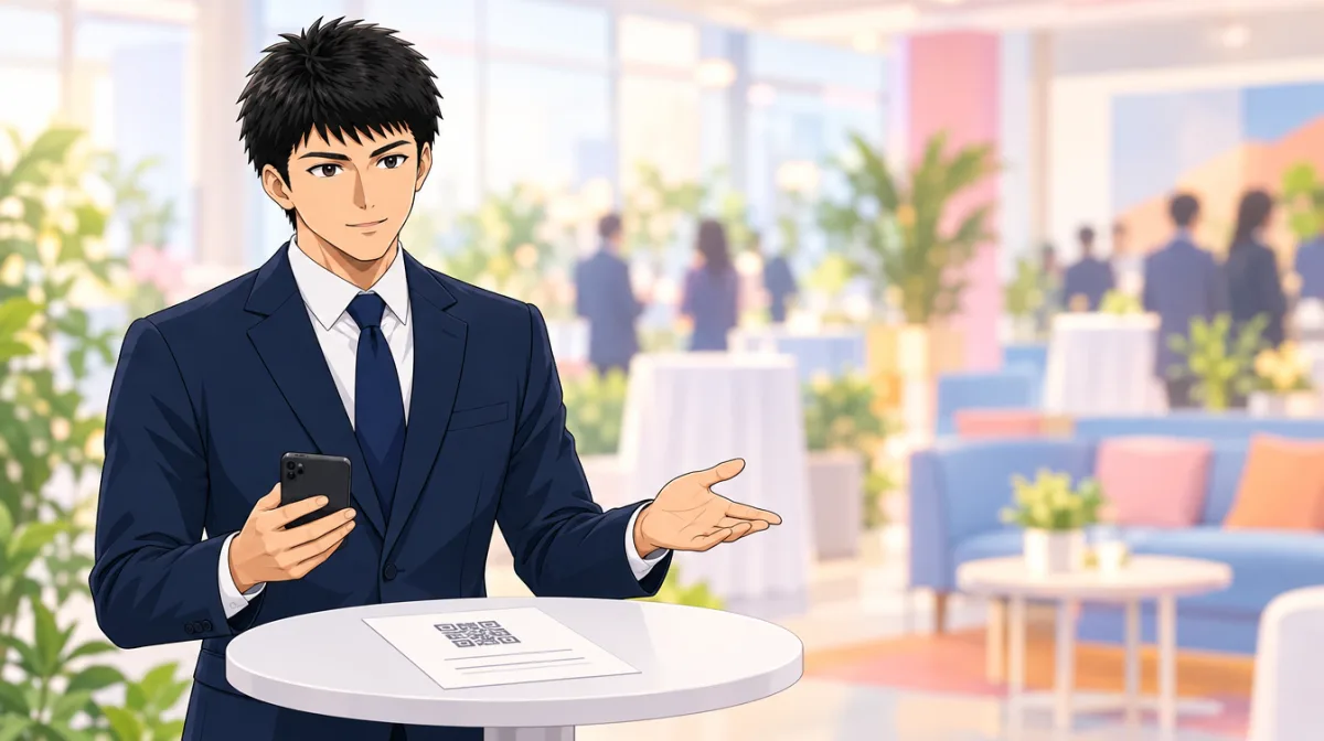 株式会社SAIのキャラクターが、イベント会場でスマートフォンを手に参加者へ口コミの依頼について説明しているイラスト