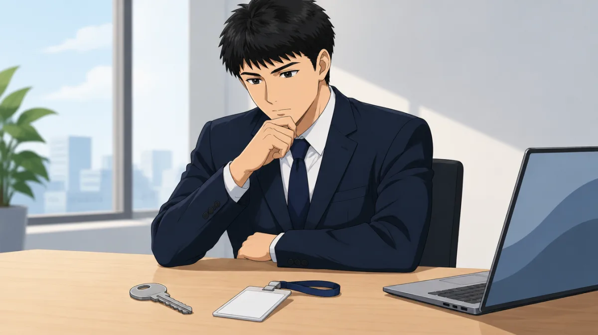 株式会社SAIのキャラクターが、机に置いた鍵と社員証を見比べながら、ノートパソコンの前で考え込んでいるイラスト