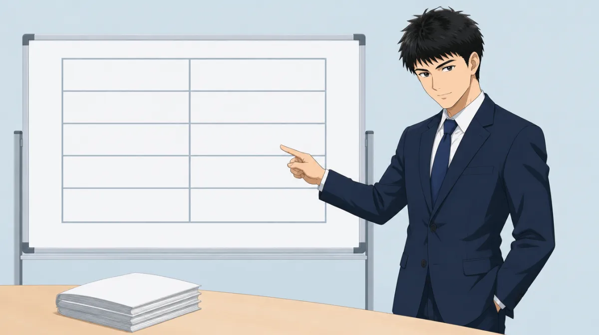 株式会社SAIのキャラクターが、2列の空欄の表を描いたホワイトボードを指さし、机の上には紙の資料の束が積まれているイラスト