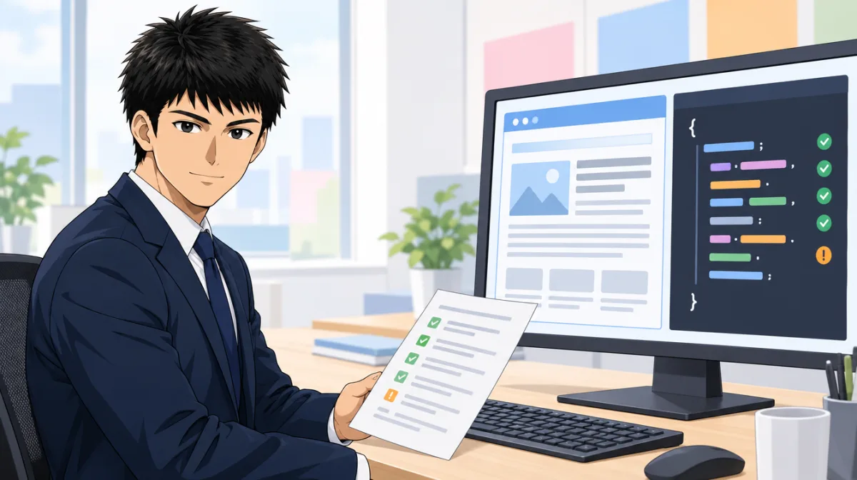 株式会社SAIのキャラクターが、モニターに映った構造化データのコードとチェックリストを見比べているイラスト