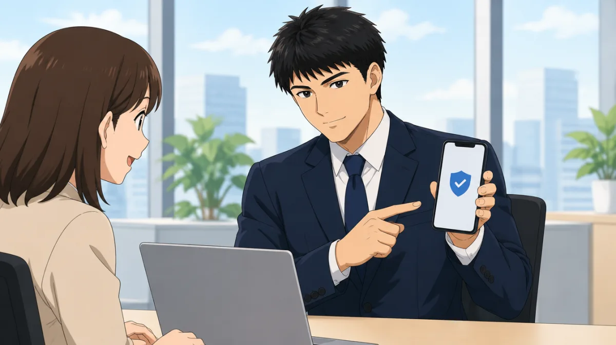 株式会社SAIのキャラクターが、盾のマークが表示されたスマートフォンを片手に持ち、向かいに座る相手にその画面を指さして見せているイラスト