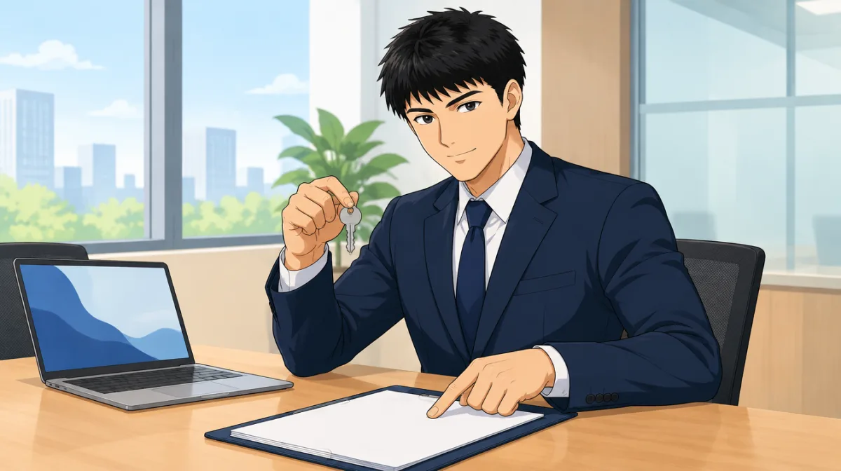 株式会社SAIのキャラクターが、片手に鍵を持ち上げ、もう一方の手で机の上のクリップボードの書類を指さしているイラスト