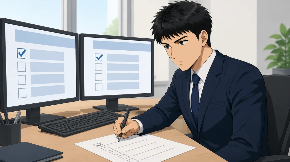 株式会社SAIのキャラクターが、同じ画面を映した2台のモニターを見比べながら、手元の確認表に印を付けているイラスト