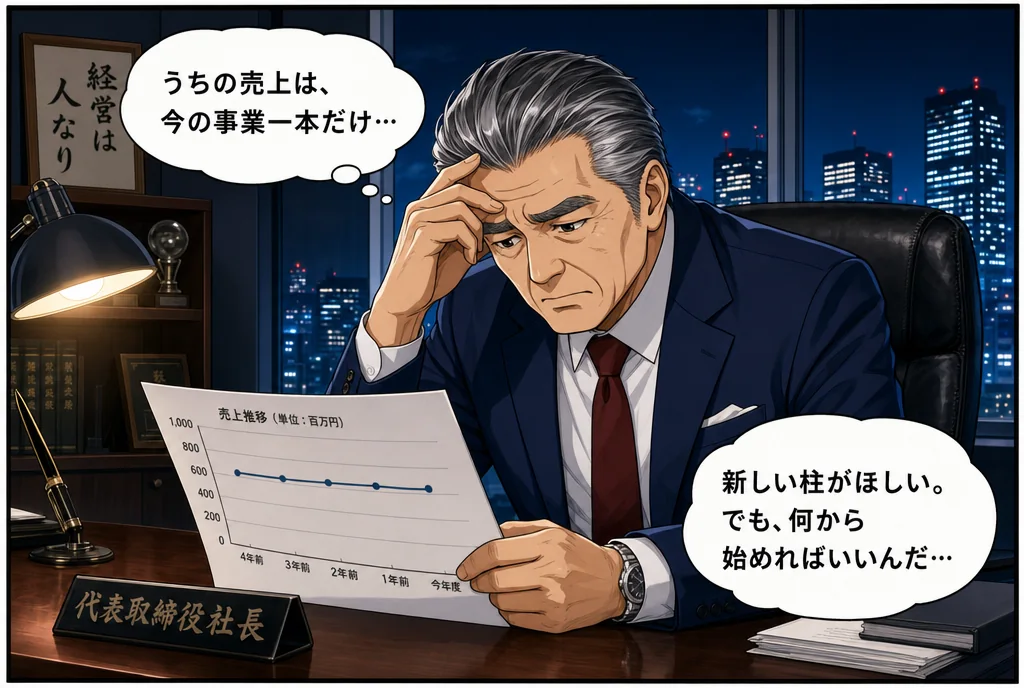 漫画プロローグ：夜のオフィスで社長が「うちの売上は今の事業一本だけ。新しい柱がほしいが何から始めればいいのか」と悩んでいる