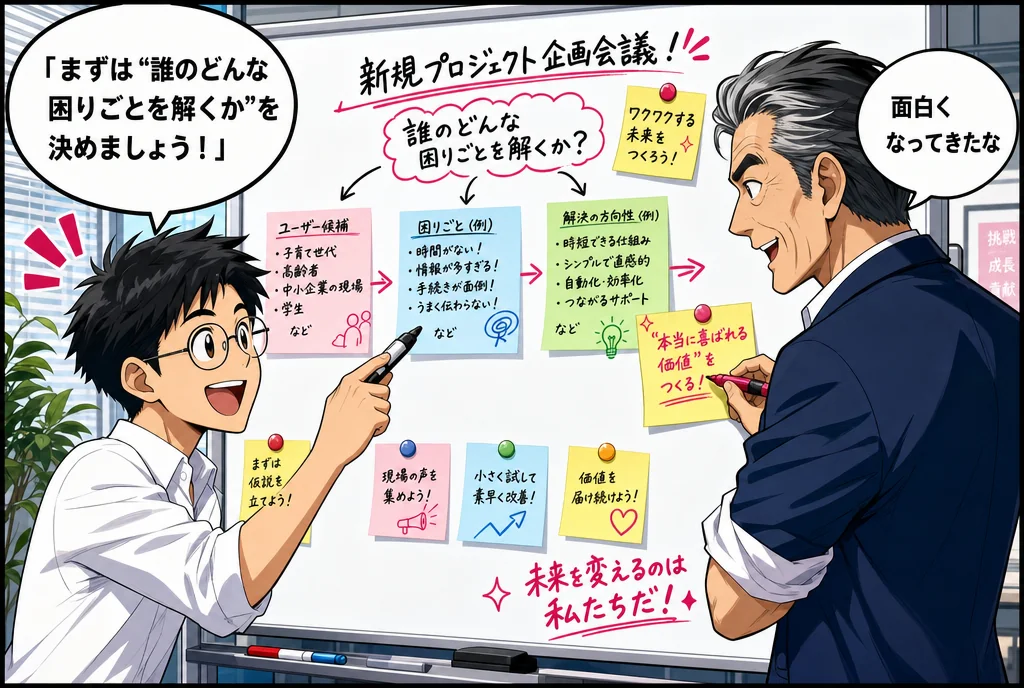 漫画第2話：ホワイトボードの前で付箋を貼りながら「まずは誰のどんな困りごとを解くかを決めましょう」と企画を壁打ちする二人