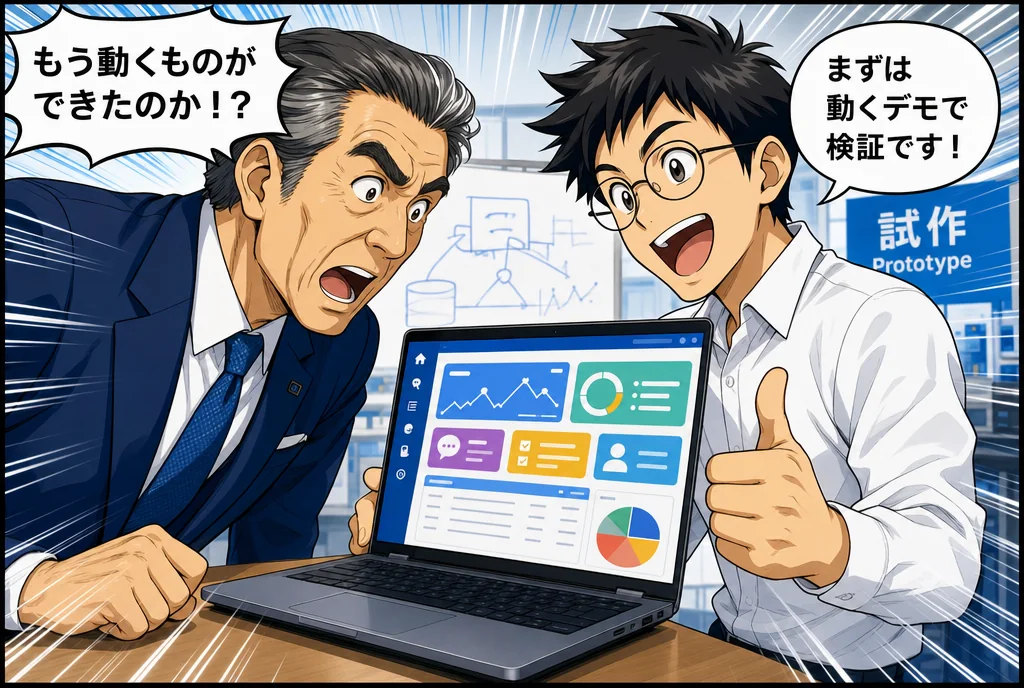 漫画第3話：エンジニアが動くデモ画面を見せ、社長が「もう動くものができたのか！？」と驚く