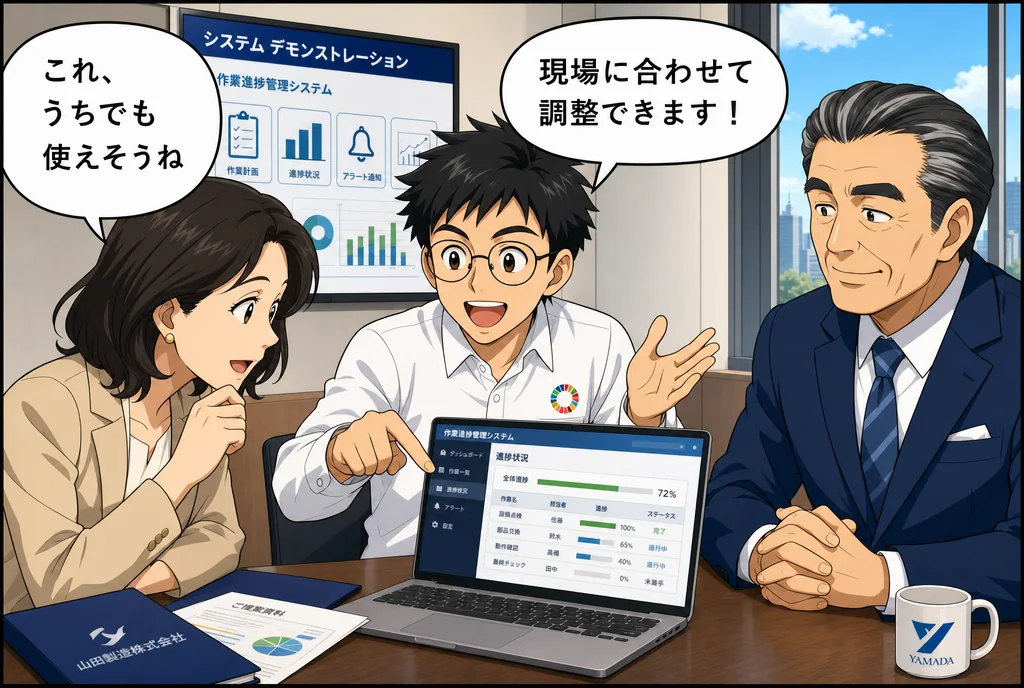 漫画第4話：商談の場でエンジニアがデモを見せ、顧客が「これ、うちでも使えそうね」と身を乗り出す