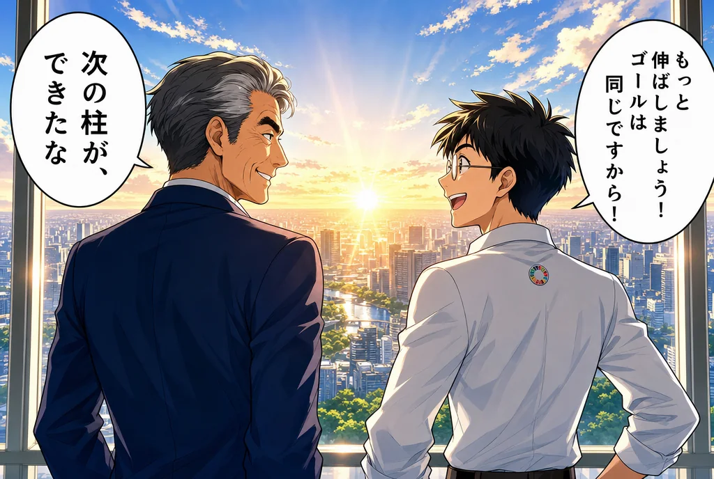 漫画エピローグ：朝日の差すオフィスで「次の柱ができたな」と語る社長と「さらに伸ばしましょう」と応えるエンジニア